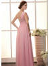 Pink Chiffon Beads One Shoulder Long Prom Dress